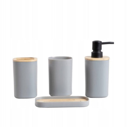 Homla - Tula Badkameraccessoiresset - 4 Delig Badkamer Accessoires Set - Badkamerset - Moderne Badkamer Accessoires - Zeeppompje met Bamboe - Badkamerbeker - Tandenborstelhouder - Zeepbakje - Grijs