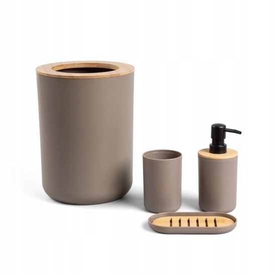 Homla badkameraccessoires set 4-delig – grijs met bamboe, met afvalemmer