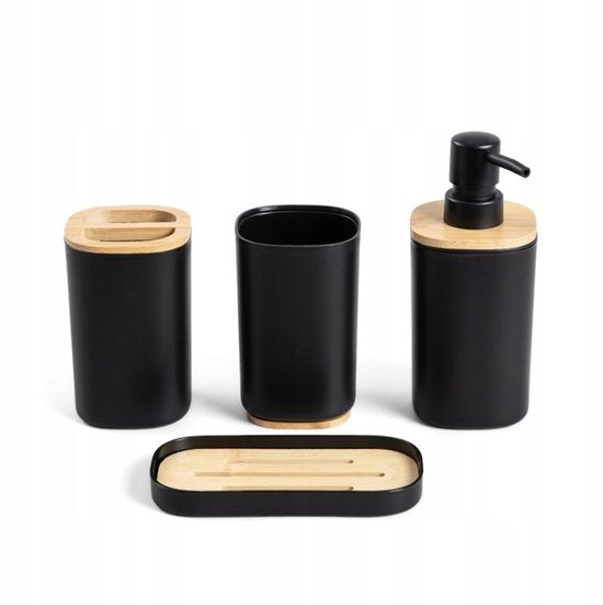 Homla - Tula Badezimmer-Accessoire-Set - 4-teiliges Badezimmer-Zubehör-Set - Bad-Set - Moderne Badezimmer-Accessoires - Seifenspender mit Bambus - Zahnputzbecher - Zahnbürstenhalter - Seifenschale - Schwarz