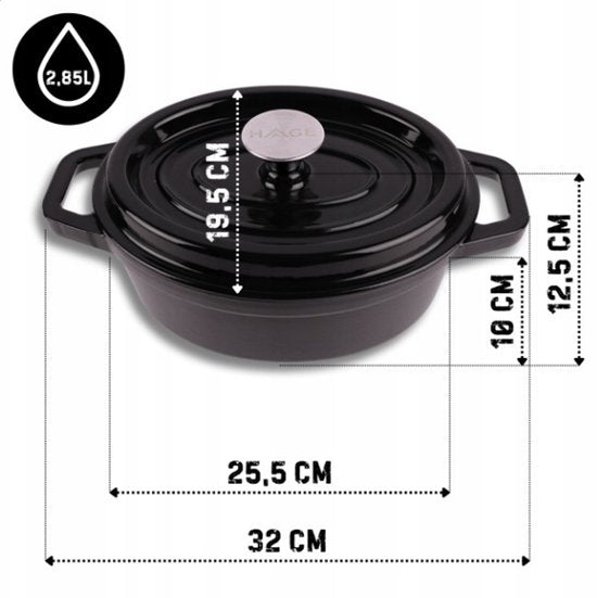 Hage - Cast Iron Casserole Dish - Dutch Oven - Cast Iron Casserole with Lid - Enamelled - Suitable for Induction & Oven - 2.85 Litres - 25.5 x 19.5 x 12.5 cm - Black