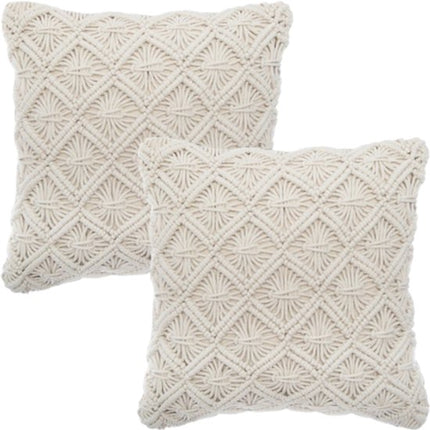 Bankkussen - Sierkussen - Macramé Kussen - Set van 2 - Zomer Kussens - voor Woonkamer & Slaapkamer - Boho Decoratief Kussenhoes - Vierkant - 40x40 cm - Beige