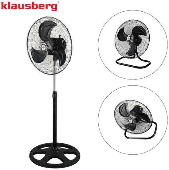 Klausberg - 3 in 1 Staande Ventilator - Vloerventilator - Krachtige Vloerventilator met Oscillatie 90° - Tafelventilator - Wandventilator - Grote Ventilator 3 Standen - 50W - Ø45cm - Zwart