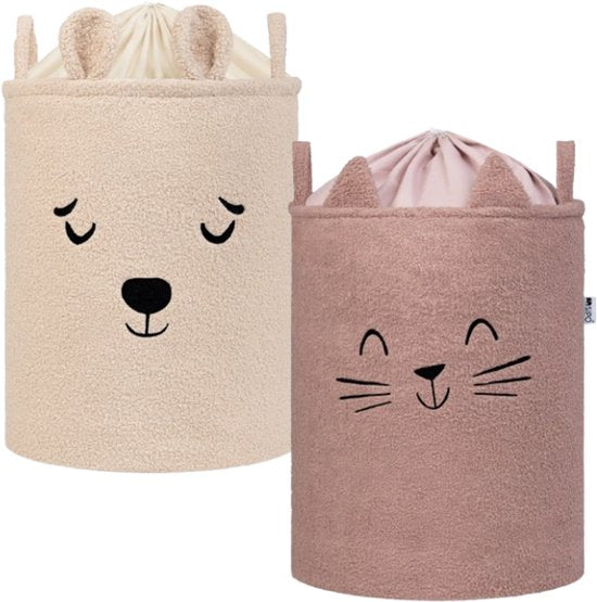 SIPO Spielzeugkörbe Bouclé – 2er-Set – Bär/Katze Design – 43 L – Beige/Rosa