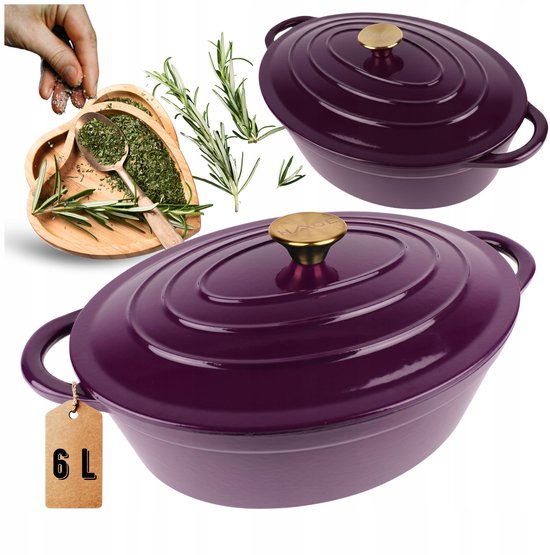 Hage - Dutch Oven - Enameled Cast Iron Dutch Oven with Lid - Oven & Induction Safe - For Roasting, Stewing and Casseroles - 6 Liters - 34 x 26 x 18 cm - Purple