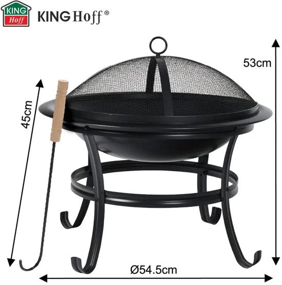 KINGHoff - Fire Pit - Outdoor Garden Fireplace with Grill - Patio Fire Pit with Spark Screen - Charcoal Garden Fire Pit - Includes Poker - Metal - Ø54.5 x 53 cm - Black