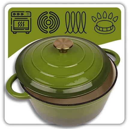Hage - Kookpan - Gietijzeren Pot met Deksel - Geëmailleerd - Inductie & Oven Geschikt - Inclusief Mini Ovenhandschoenen & Onderzetter - Voor Braden, Stoven, Soep & Brood - 4 Liters - Ø24 cm - Olijfgroen