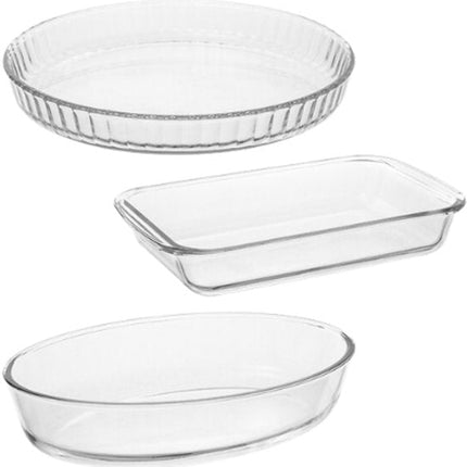 Glazen Ovenschaal Set - Set van 3 - Ovenschalen met Deksel - Magnetronbestendig - Voor Bakken, Bewaren en Opwarmen - Rechthoekige, Ovale en Ronde Bakschaal - Grijs & Transparant