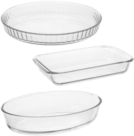 Glazen Ovenschaal Set - Set van 3 - Ovenschalen met Deksel - Magnetronbestendig - Voor Bakken, Bewaren en Opwarmen - Rechthoekige, Ovale en Ronde Bakschaal - Grijs & Transparant