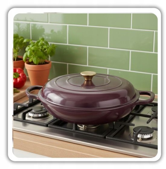 Hage - Braadpan - Lage Gietijzeren Braadpan met Deksel - Geëmailleerd - Oven & Inductie Geschikt - Voor Braden, Stoven en Ovenschotels - 3 Liters - 40.5 x 30 x 10.5 cm - Auberginepaars