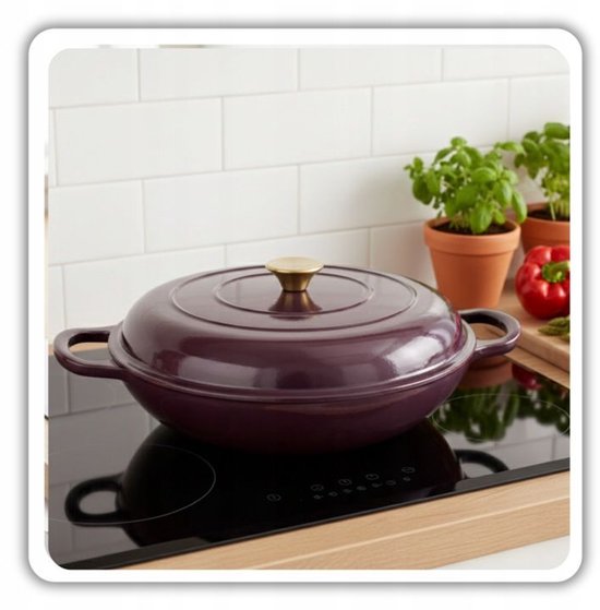 Hage - Braadpan - Lage Gietijzeren Braadpan met Deksel - Geëmailleerd - Oven & Inductie Geschikt - Voor Braden, Stoven en Ovenschotels - 3 Liters - 40.5 x 30 x 10.5 cm - Auberginepaars