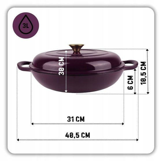 Hage - Braadpan - Lage Gietijzeren Braadpan met Deksel - Geëmailleerd - Oven & Inductie Geschikt - Voor Braden, Stoven en Ovenschotels - 3 Liters - 40.5 x 30 x 10.5 cm - Auberginepaars