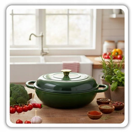 Hage - Braadpan - Geëmailleerde Gietijzeren Braadpan - Cast Iron Casserole - Geschikt voor Inductie, Gas & Oven - Inclusief Pannenonderzetter & Handgreepbeschermers - 3 Liters - Ø30 x 10.5 cm - Donkergroen