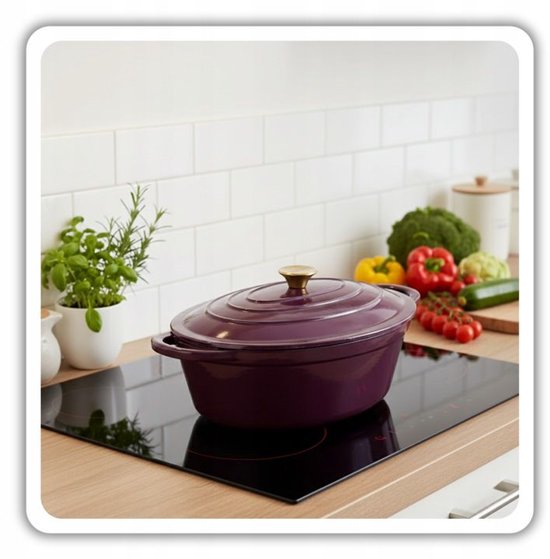 Hage - Dutch Oven - Enameled Cast Iron Dutch Oven with Lid - Oven & Induction Safe - For Roasting, Stewing and Casseroles - 6 Liters - 34 x 26 x 18 cm - Purple