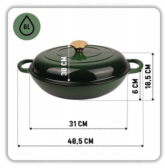Hage - Schmortopf - Emaillierter Gusseisen-Schmortopf - Gusseisen-Kasserolle - Geeignet für Induktion, Gas & Backofen - Inklusive Topfuntersetzer & Griffschonern - 3 Liter - Ø30 x 10,5 cm - Dunkelgrün