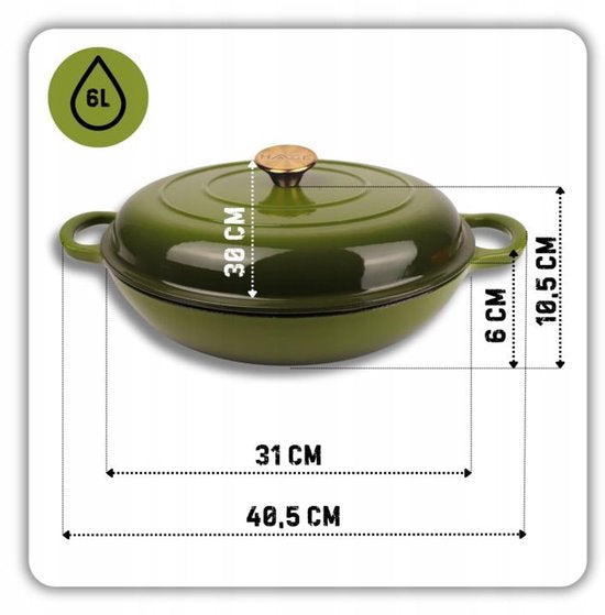 Hage - Braadpan - Lage Gietijzeren Braadpan met Deksel - Geëmailleerd - Oven & Inductie Geschikt - Voor Braden, Stoven en Ovenschotels - 3 Liters - 40,5 x 30 x 10,5 cm - Olijfgroen