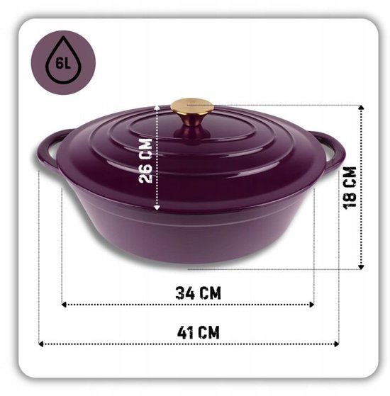 Hage - Dutch Oven - Enameled Cast Iron Dutch Oven with Lid - Oven & Induction Safe - For Roasting, Stewing and Casseroles - 6 Liters - 34 x 26 x 18 cm - Purple