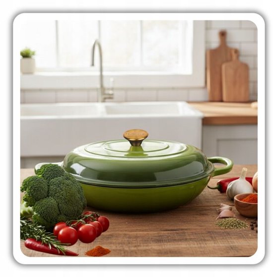 Hage - Braadpan - Lage Gietijzeren Braadpan met Deksel - Geëmailleerd - Oven & Inductie Geschikt - Voor Braden, Stoven en Ovenschotels - 3 Liters - 40,5 x 30 x 10,5 cm - Olijfgroen