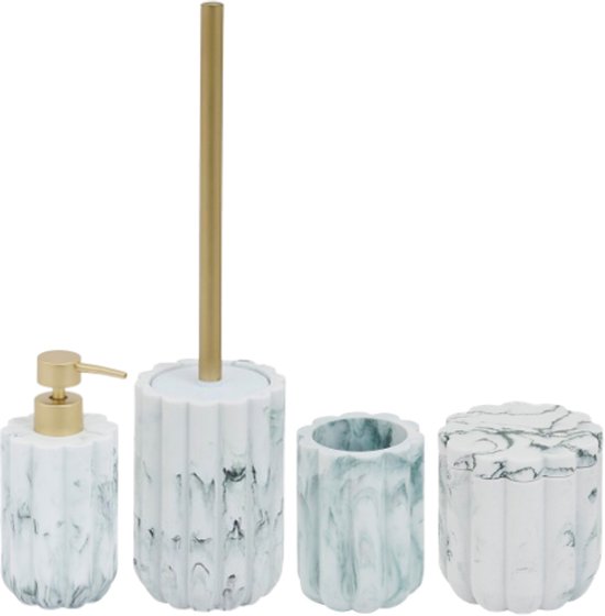 Badkameraccessoireset - Moderne Badkameraccessoires - Zeepdispenser 230 ml - Tandenborstelhouder - Toiletborstel - Wattenbakje - Luxe Badkameraccessoires - Polyresin - Marmer Wit