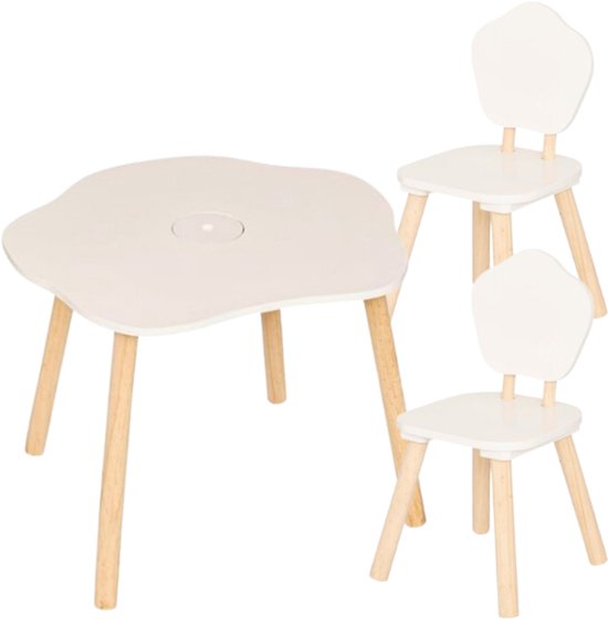 Douceur Organic Kindermeubel - Kindermeubelset - Kindermeubel - 1 Tafel + 2 Stoelen - Set voor Kinderen - MDF & Dennenhout - Wit
