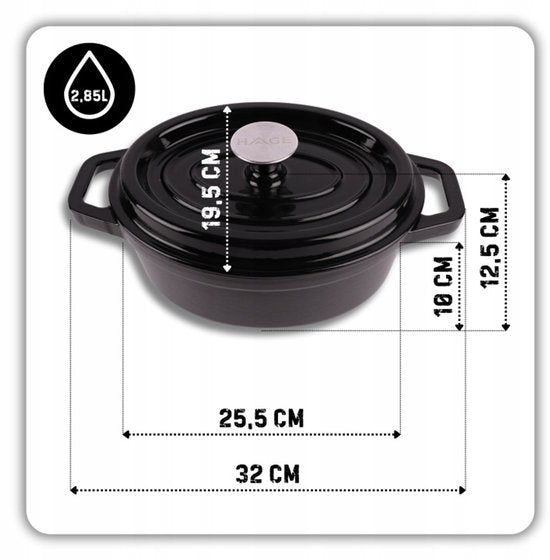 Hage - 2-Piece Set - Cast Iron Dutch Oven Set - 2.85 L + 6 L - Enameled Dutch Ovens with Lid - Baking Dishes for Bread, Meat, and Casseroles - Induction - Dutch Oven - Black