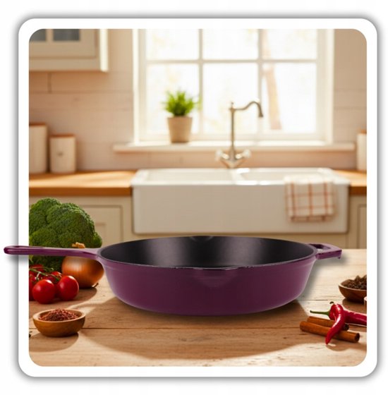 Hage - Gietijzeren Koekenpan - Geëmailleerde Bakpan met Hoge Rand - Inductie, Gas, Elektrisch & Ovenbestendig - Voor Bakken en Braden - Gelijkmatige Warmteverdeling - Ergonomisch Handvat - Ø26cm - Aubergine