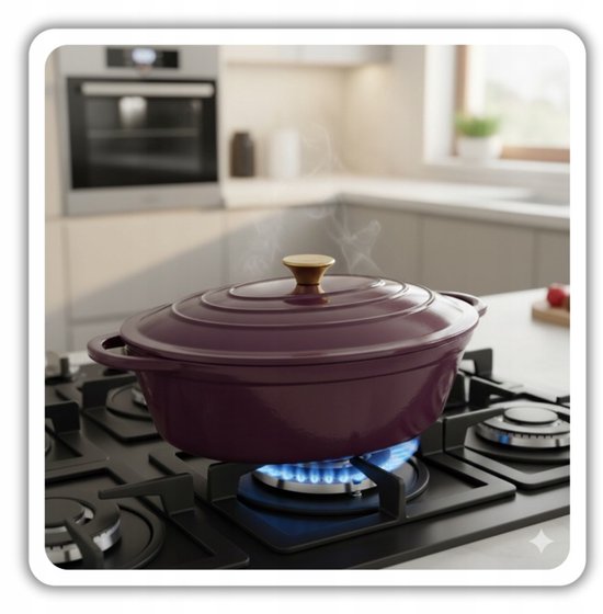 Hage - 3-Piece Cast Iron Oven Set - 6L Roasting Pan with Lid 34 cm & Baking Dish 3.5L 32 x 23.5 cm - Enameled Frying Pan 20 cm - Induction, Gas & Oven - For Roasting, Baking & Casseroles - Aubergine