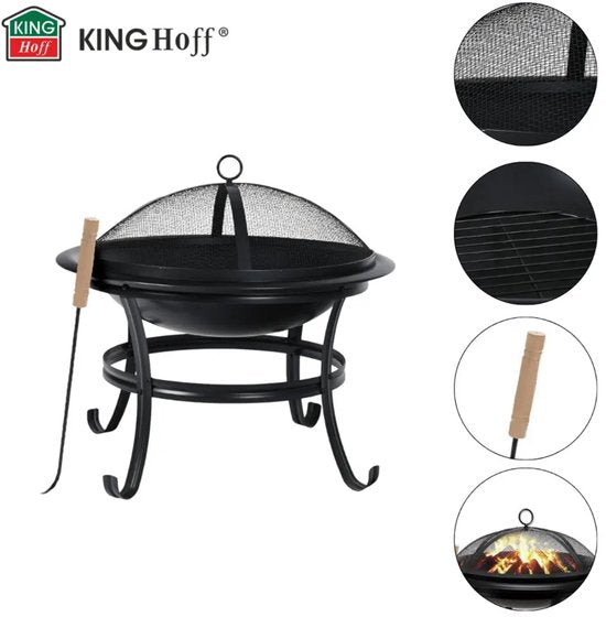 KINGHoff - Fire Pit - Outdoor Garden Fireplace with Grill - Patio Fire Pit with Spark Screen - Charcoal Garden Fire Pit - Includes Poker - Metal - Ø54.5 x 53 cm - Black