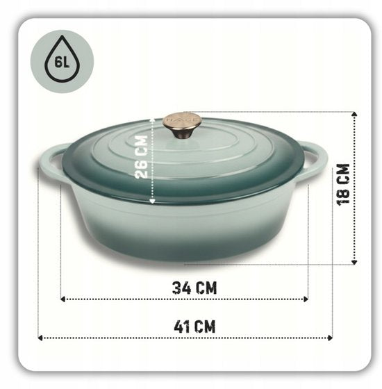 Hage - Cast Iron Casserole - Dutch Oven - Cast Iron Casserole with Lid - Enamelled - Suitable for Induction & Oven - 6 Litres - 34 x 26 x 18 cm - Pastel Teal