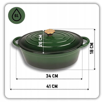 Hage - Gietijzeren Braadslede - Geëmailleerde Ovenbraadpan met Deksel - Voor Braden, Stoven & Ovenschotels - Geschikt voor Inductie, Gas & Oven - Inclusief Pannenhouder & Handbeschermers - 6 Liter - 34 x 26 x 18 cm - Flesgroen