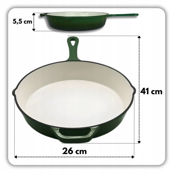 Hage - Gietijzeren Koekenpan - Geëmailleerde Bakpan met Hoge Rand - Inductie, Gas, Elektrisch & Ovenbestendig - Voor Bakken en Braden - Gelijkmatige Warmteverdeling - Ergonomisch Handvat - Ø26 cm - Flesgroen