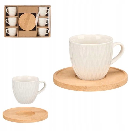 Koffieservies set voor 6 personen – crème porselein met bamboe schotels, 90 ml – foto 5