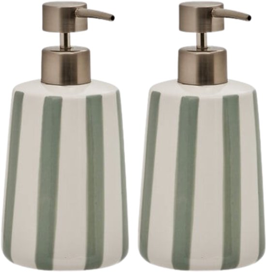 Strio Soap Dispenser - Soap Pump - Set of 2 - Luxury Bathroom & Kitchen Accessory - 400 ml - Ø8.6 x 17.3 cm - Dolomite - Celadon Green