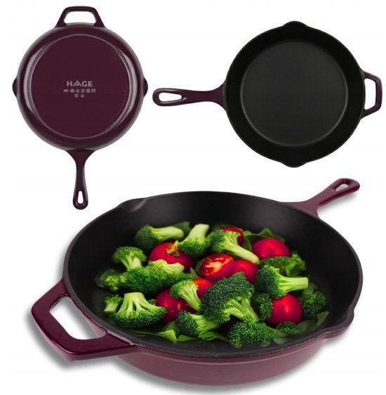 Hage - Gusseiserne Pfanne - Emaillierte Bratpfanne mit hohem Rand - Induktion, Gas, Elektro & Backofengeeignet - Zum Backen und Braten - Gleichmäßige Wärmeverteilung - Ergonomischer Griff - Ø 26 cm - Auberginenfarben