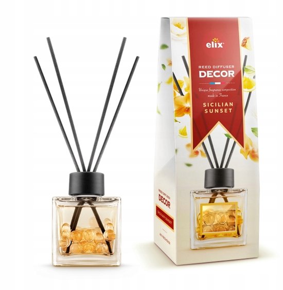 Elix - Geurstokjes - Geurstokjes met Kralen - Luchtverfrisser - Interieur Parfum Diffuser – Geurstokjes Langdurige Geur - Decoratieve Aroma Diffuser - voor Woonkamer & Badkamer - 100ml - Sicilian Sunset