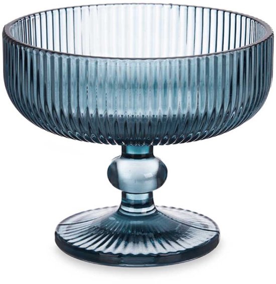 Glazen ijsbekers 310 ml op voet – Glazen dessert coupes - donkerblauw gestreept – set van 6 dessertglazen