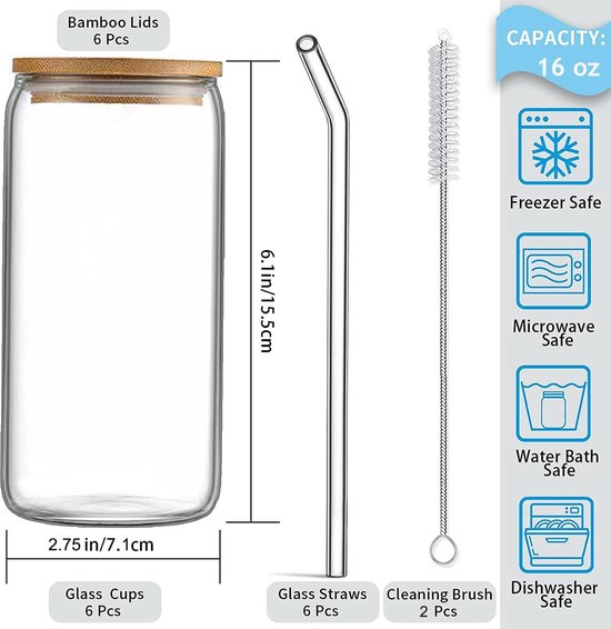 Drinking glasses with lid and straw, set of 6, 500 ml iced coffee can-shaped glasses, Bear Can cocktail glasses, can-shaped glass cups, beer glasses, ideal for water, cocktail, whisky, soft drinks, gift