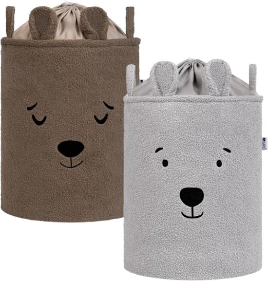 SIPO Speelgoedmand - Premium Bouclé-Editie - Opbergbak - Opbergmand - Met Drawstring Sluiting - Set van 2 - Bruine Beer & Grijze Beer Design - Voor Speelgoed - Kleding - Textiel - XL - 43 Liters - 35 x 35 x 45 cm - Bruin & Grijs