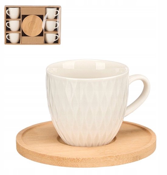 Koffieservies set voor 6 personen – crème porselein met bamboe schotels, 90 ml