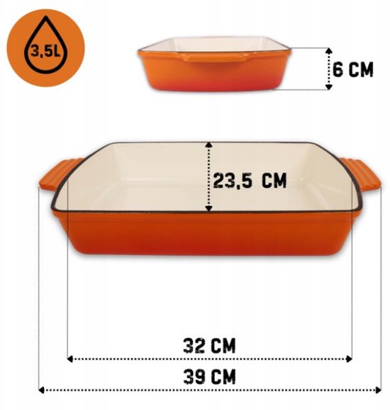 Hage - Gusseiserne Auflaufform - Auflaufform - Emaillierte Backform - Für Ofengerichte, Fleisch, Kuchen und Aufläufe - 3,5 Liter - 32 x 23,5 x 6 cm - Orange