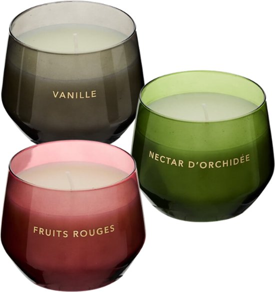 Geurkaars - Glowy Geurkaars in Glazen Pot - Vanille - Orchid - Rode Vruchten - Scented Candle - Set van 3 - Luxe Sfeerverlichting - 40 Branduren - 300 g - Ø10 x 7,8 cm - Zwart / Groen / Rood