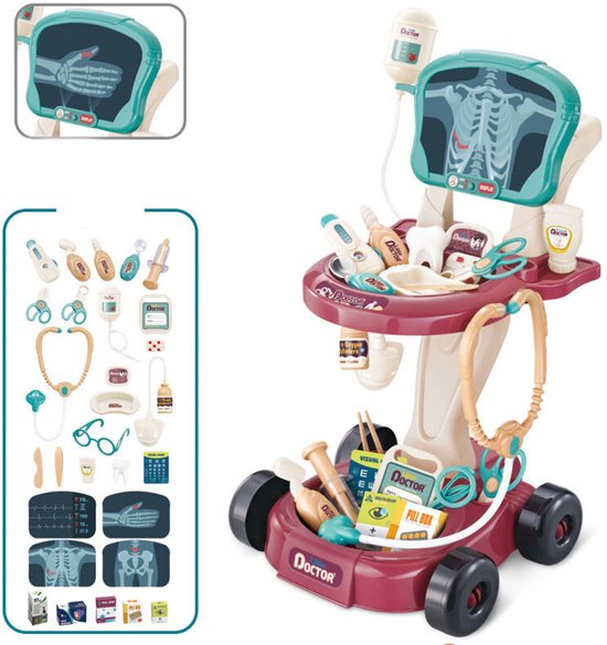 Dokters Speelset - Medische Trolley met EKG - Kinder Dokter Speelgoed - Stethoscoop - Thermometer & Accessoires - Rolstoel Speelset - Educatief & Leerzaam - voor 3+ jaar - 2 x AA-batterijen (niet inbegrepen) - Multicolor