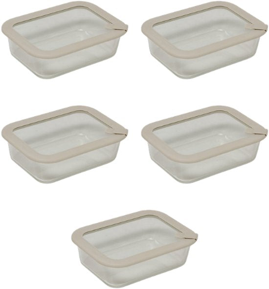 5-Piece - Food Storage Container Set - Meal Prep Containers - Lunch Box - Rectangular Borosilicate Glass Storage Containers - Microwave & Dishwasher Safe - 950 ml - 20.3 x 15.2 x 6.2 cm - Transparent with Grey Lid