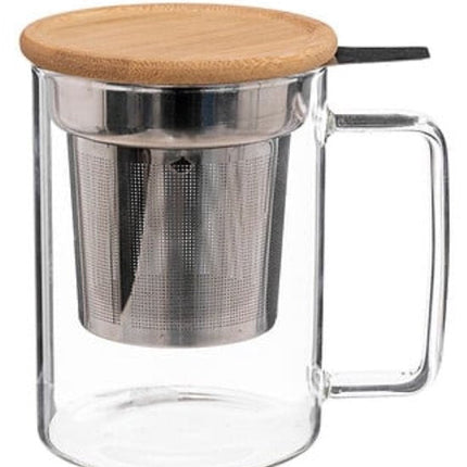 Mia Glazen Theemok met Filter - Theebeker met Deksel - Kruidenthee Mok met Theefilter - Dubbel Gebruik Theeglas - Magnetron & Vaatwasser Bestendig - ca. 11.5 x 8.2 x 11.7 cm - 480ml - Transparant