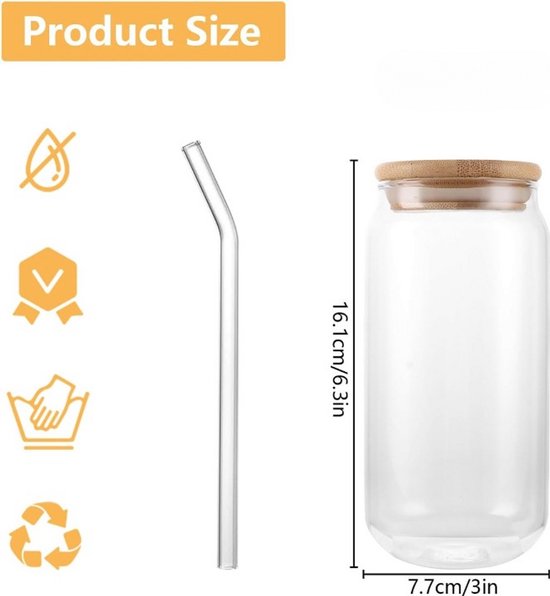 Drinkglas - Smoothie Glas - Ijskoffie Glas - Glas met Bamboe Deksel en Rietje - Herbruikbaar Drinkglas - 550ml - 16.1 x 7.7 cm - Transparant