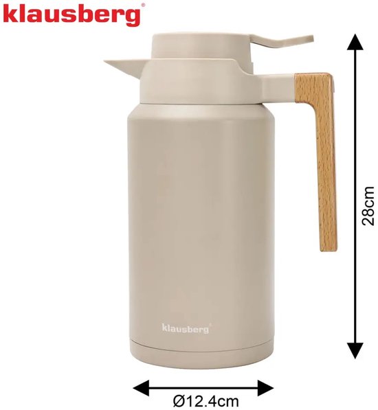 Klausberg vacuüm thermoskan 2 liter beige – RVS 304 met houten handvat – foto 6