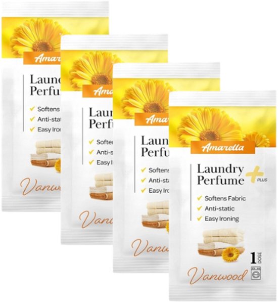 Elix - Amarella Wäscheparfüm - Set mit 4 Sachets - Wäscheparfüm - Weichspüler-Parfüm - Antistatische Bügelhilfe - Langanhaltend - 10 ml Sachet - Vanwood