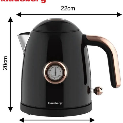 Klausberg - Waterkoker - Retro Waterkoker - Kleine Elektrische Waterkoker - Thee Waterkoker met Thermometer - Compacte Waterkoker Design - Keukenapparaat - 1L - 1200W - RVS - Zwart
