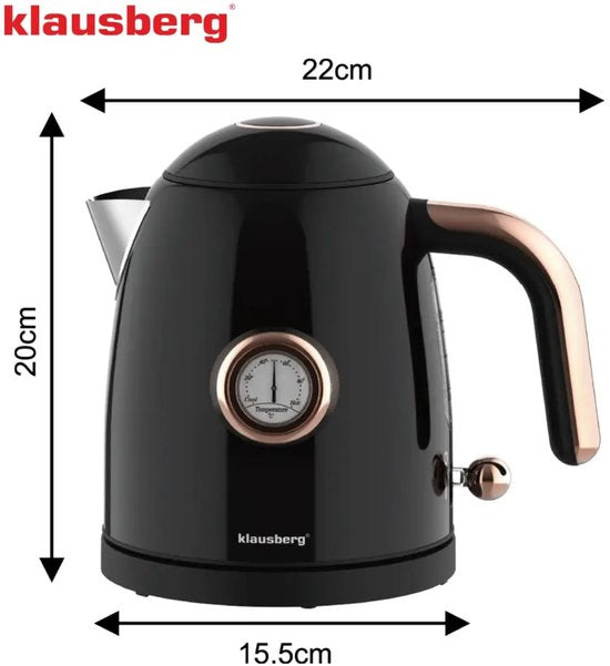 Klausberg - Waterkoker - Retro Waterkoker - Kleine Elektrische Waterkoker - Thee Waterkoker met Thermometer - Compacte Waterkoker Design - Keukenapparaat - 1L - 1200W - RVS - Zwart
