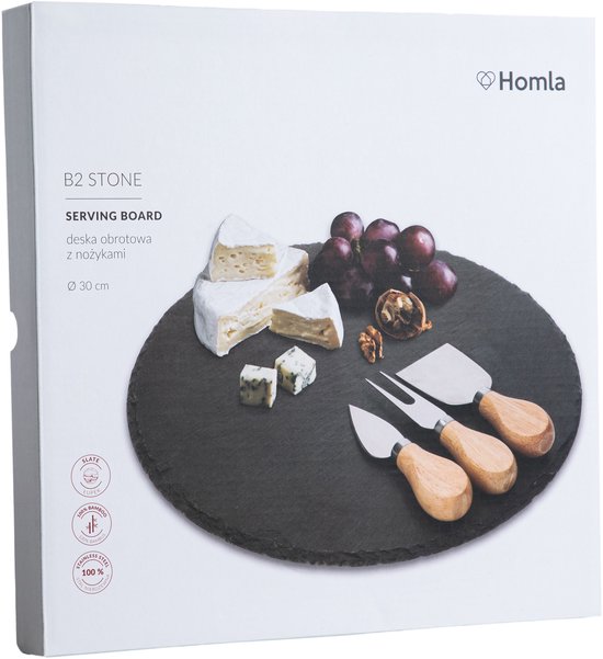 Homla - B2STONE Rotating Serving Tray with Knife - Slate Cheese Board - Rotating Tapas Plate - Luxury Cheese Serving Board - Appetizer Board - Snack Platter with Rotating System - Ø30 cm - Black