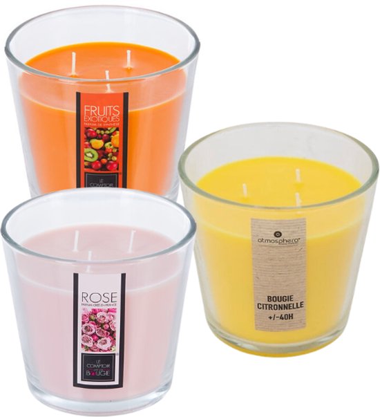 Nina Scented Candle Set - Scented Candle - Perfumed Candle - Large Scented Candle in Glass Jar - Exotic Fruits - Rose - Citronella - Scented Candle - 500 g - 13.5 x 12.5 cm - Transparent